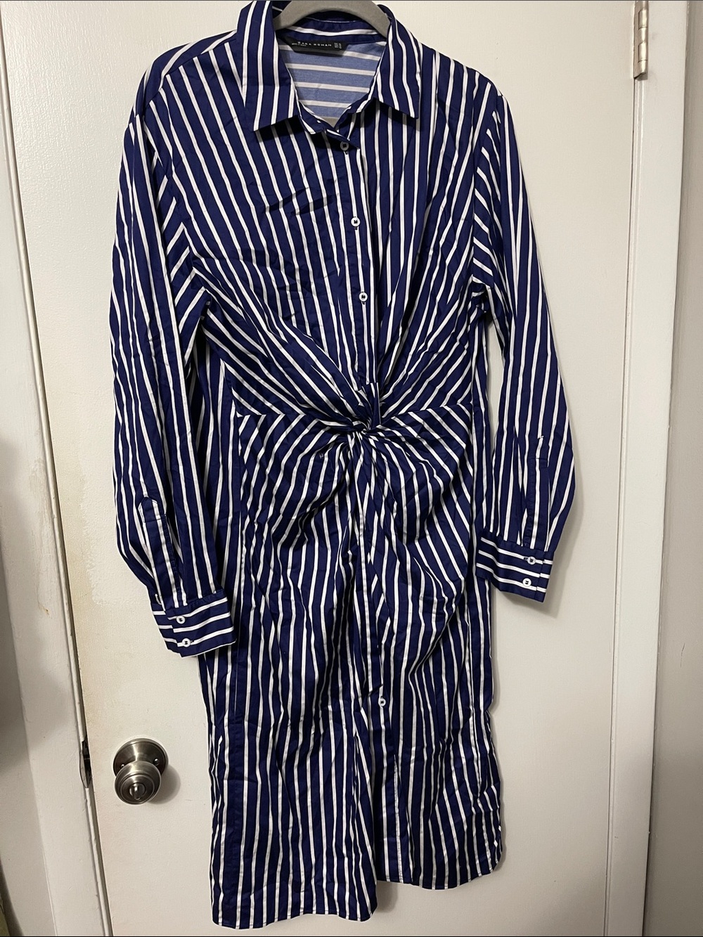 Zara Navy and White Long Sleeve Striped Knot Shirt Dress
